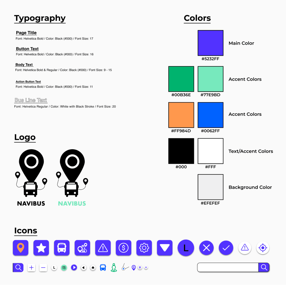 A style guide for a mobile app showing color choice, typography, and UI components
