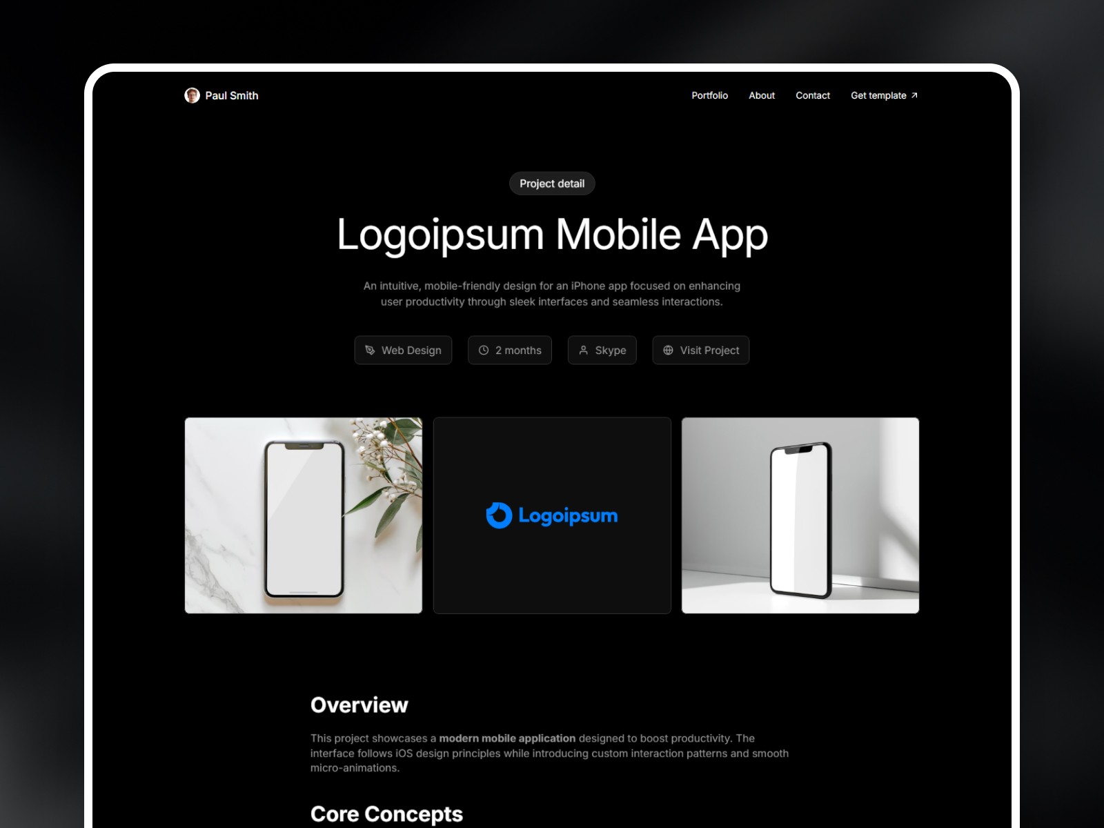 Proxio project detail page for "Logoipsum Mobile App" case study