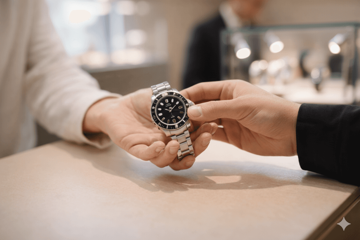 Persönlicher In-Store Trade-In im Fachhandel: Zwei Hände halten eine hochwertige Armbanduhr über einer Verkaufstheke zur Begutachtung. Der Hintergrund zeigt ein helles, exklusives Ladengeschäft mit einer Glasvitrine und Unschärfe-Effekt.