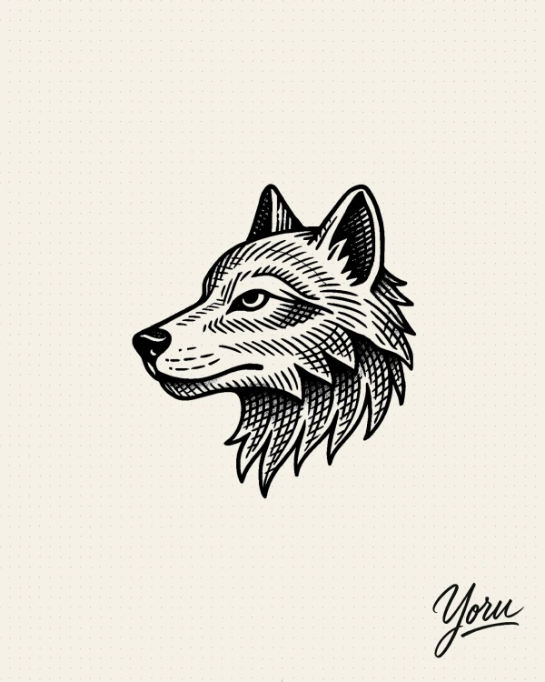 Diseño de tatuaje de la cabeza de un lobo de perfil, en estilo de grabado con sombreado de líneas.