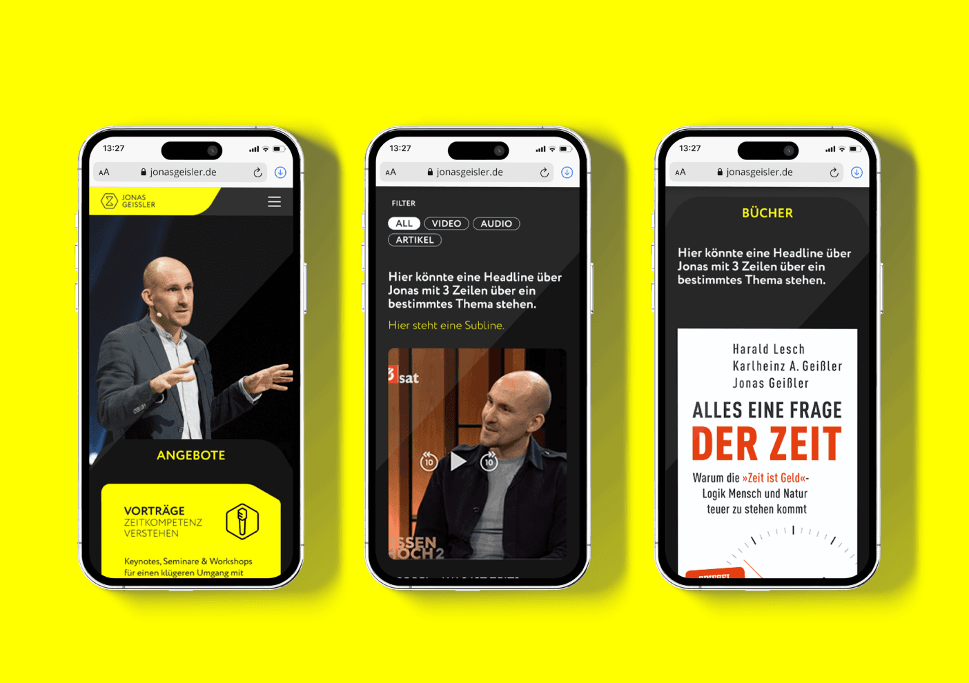 Three phones displaying web content.