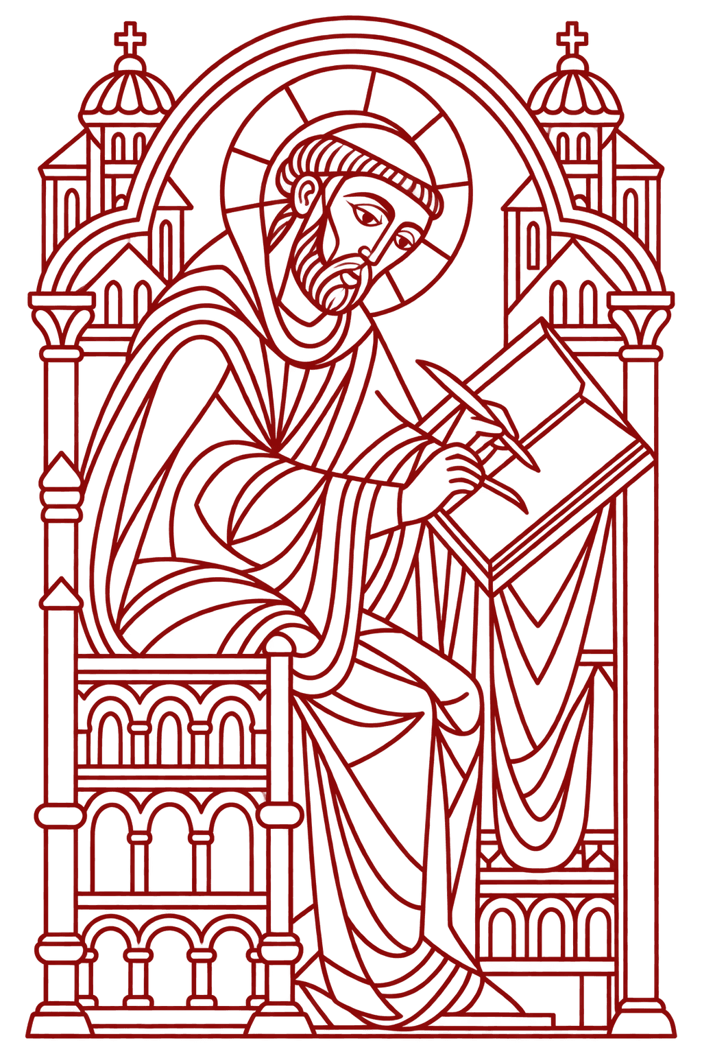 Medieval illuminated manuscript-style illustration of a robed Christian scribe writing in an open book, surrounded by architectural arches and decorative borders.