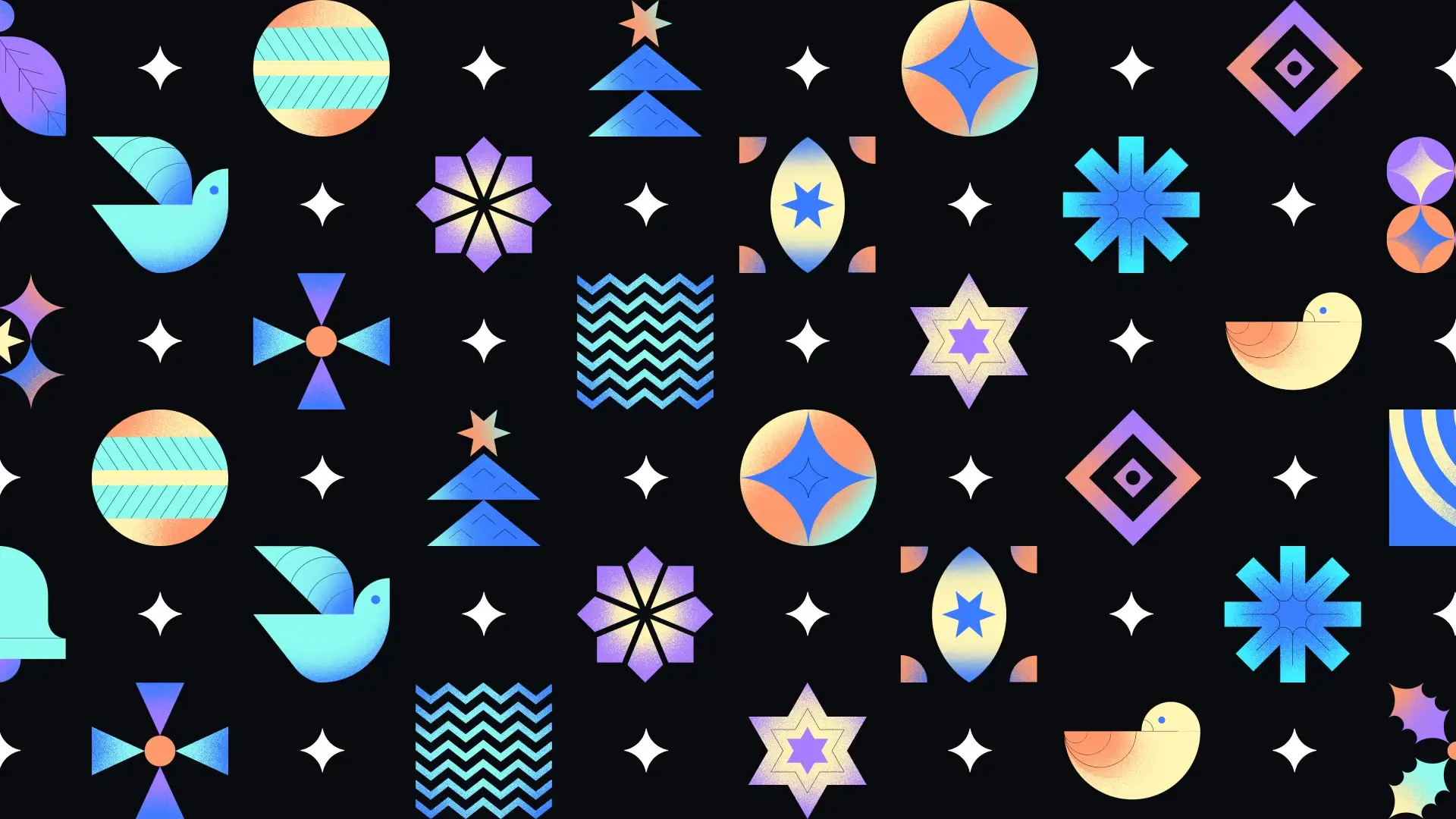 Colorful geometric pattern on a black background, featuring abstract birds, stars, trees, and shapes in blue, purple, and orange tones.