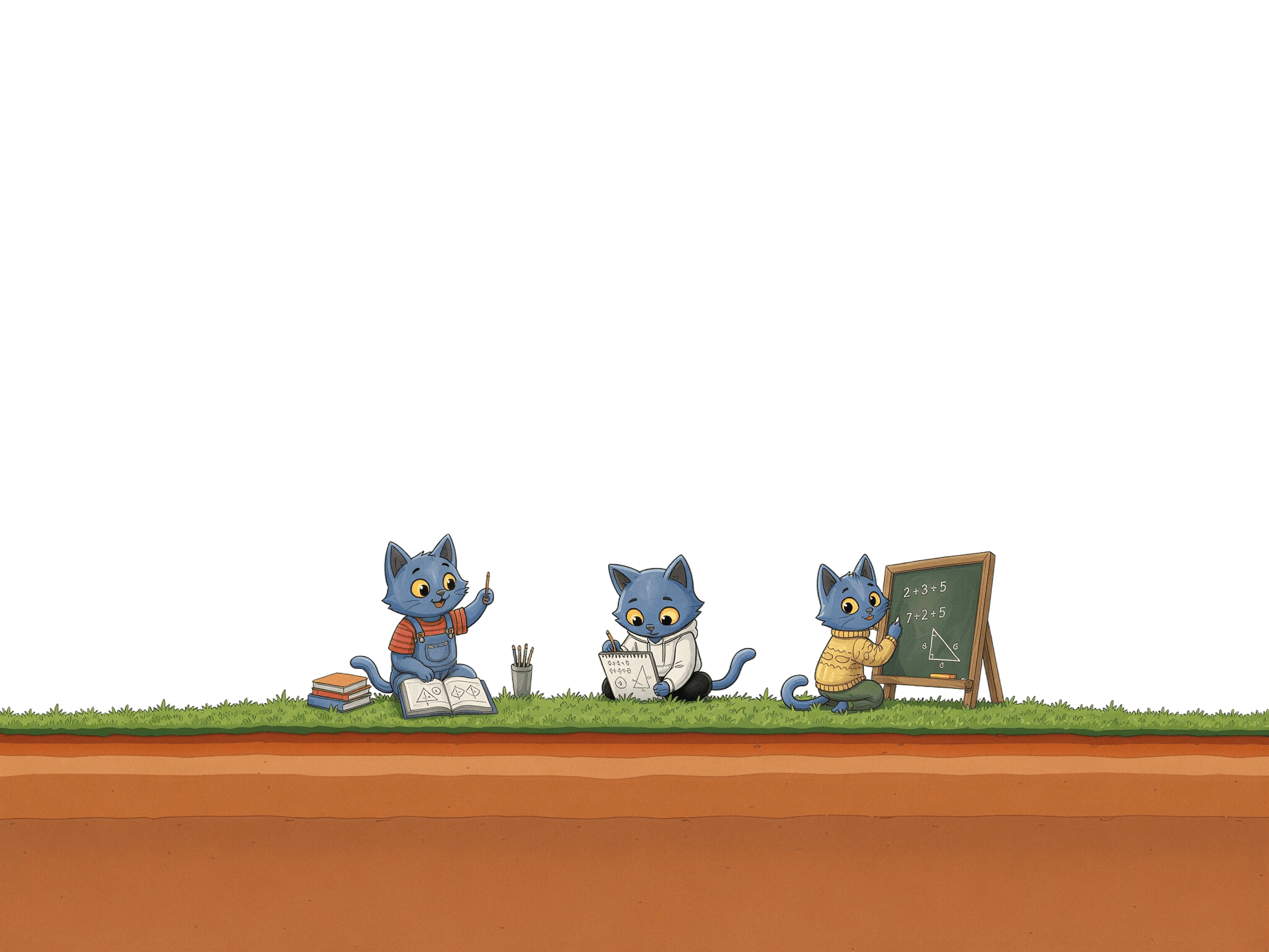 Three cartoon blue cats studying outdoors near a tree: one reading books, one writing, one solving math problems on a chalkboard