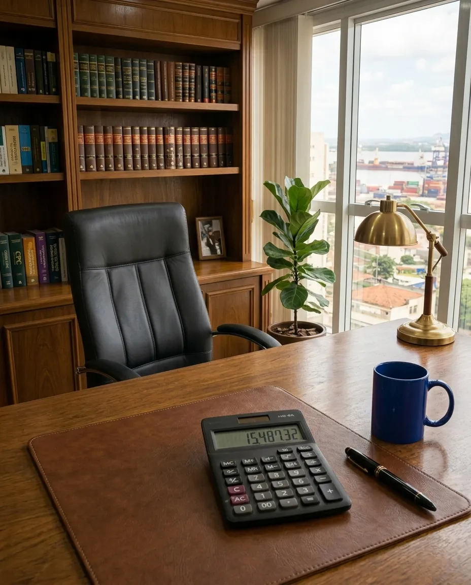 Mesa de escritório executiva de madeira com uma calculadora, caneca azul, luminária e uma cadeira de couro ao fundo.