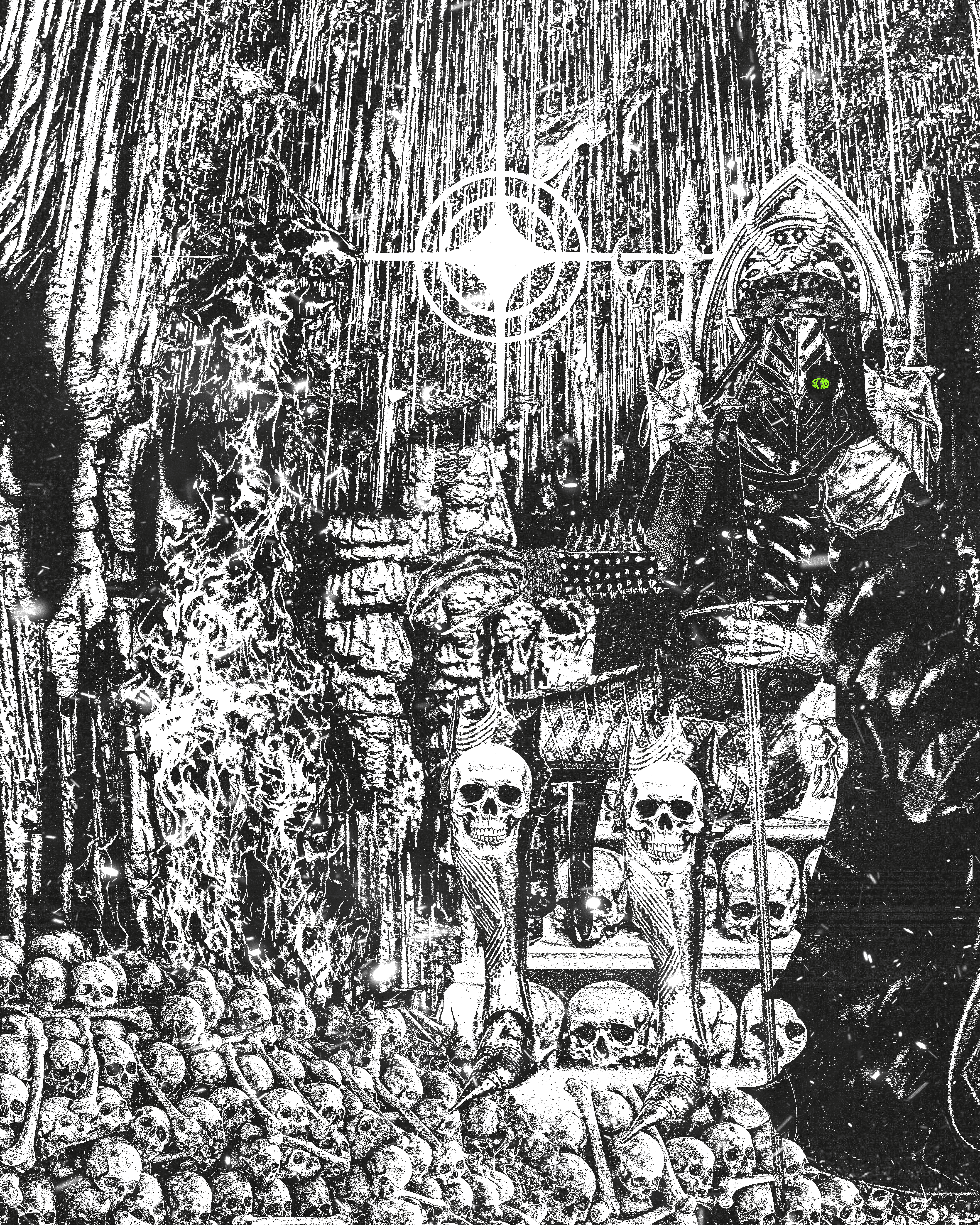 Dark reptilian lord siting on a throne of skulls in a cave