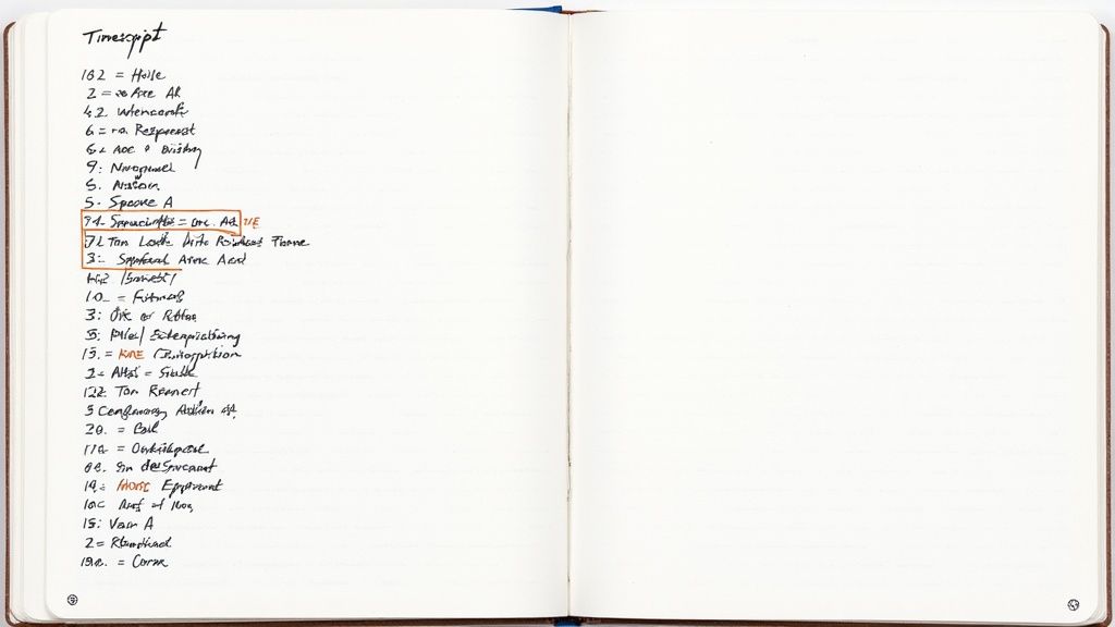 A handwritten list titled 'Timescript' in a notebook, featuring numbered entries of names and references.