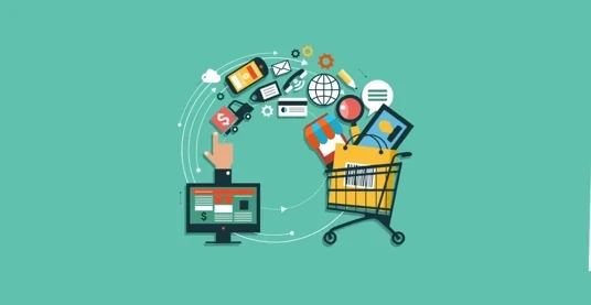 AI in e-commerce illustration showing personalized product recommendations and smart search features for online shopping platforms.