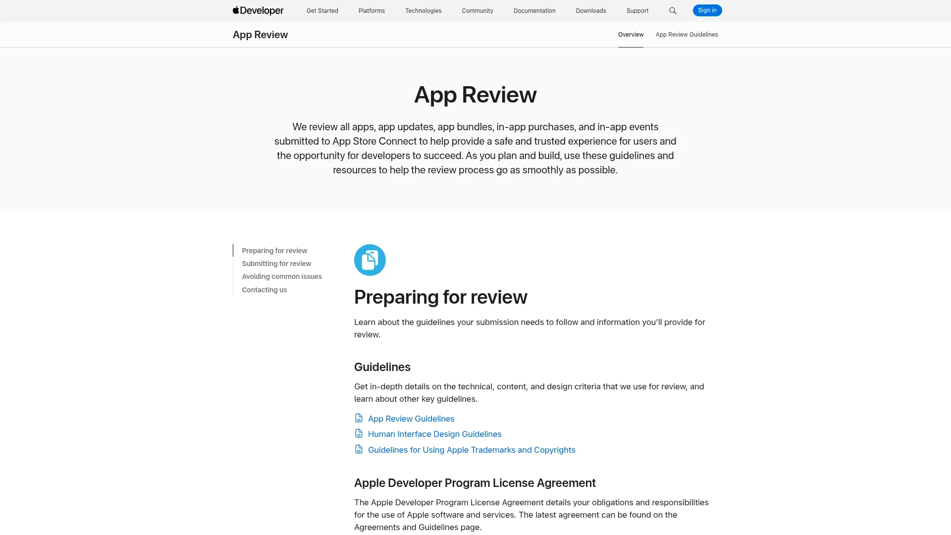 Apple Developer App Review page explaining the review process