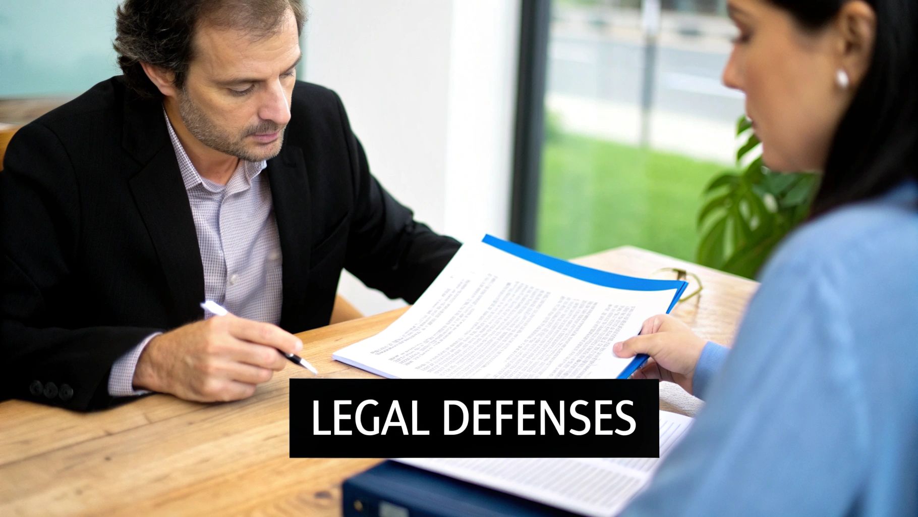 An attorney consulting with a client in a professional office setting.
