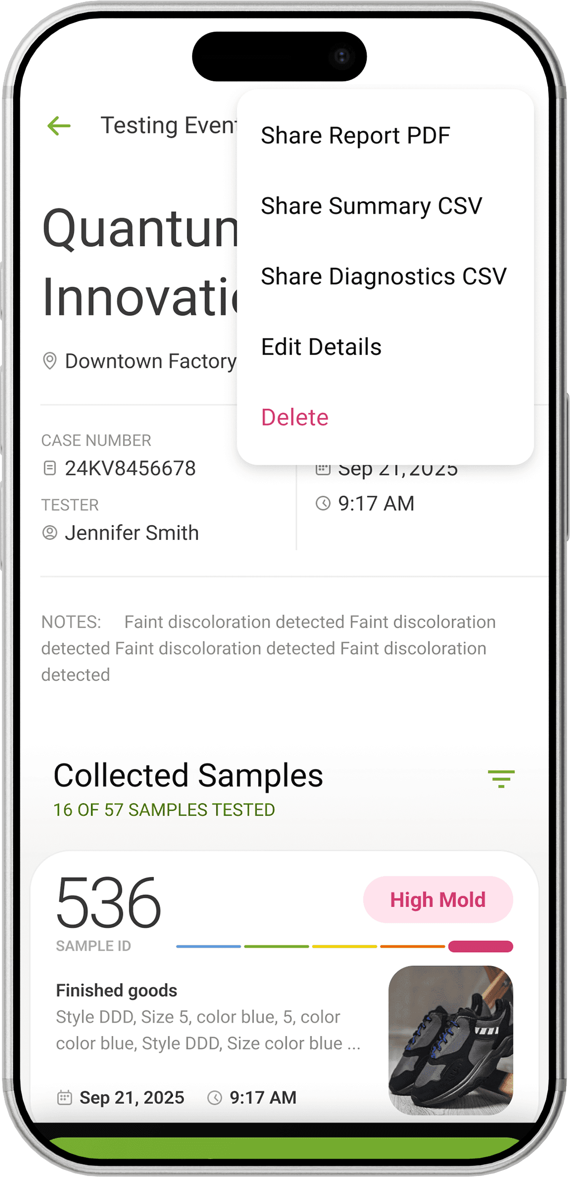 Mold Analyzer Mobile App displaying organized mold test results and reports