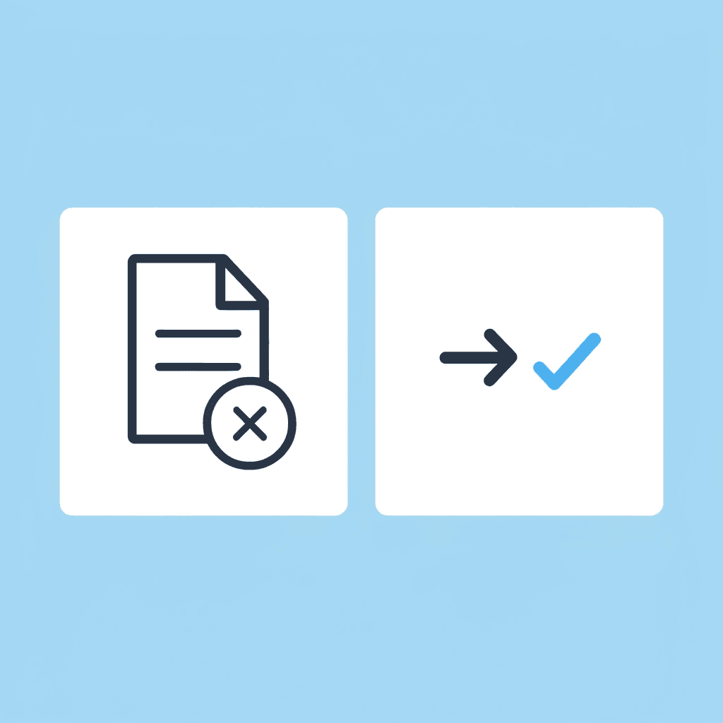 Before and after comparison: left side shows narrative/chronological approach with X, right side shows structured proof approach with checkmark