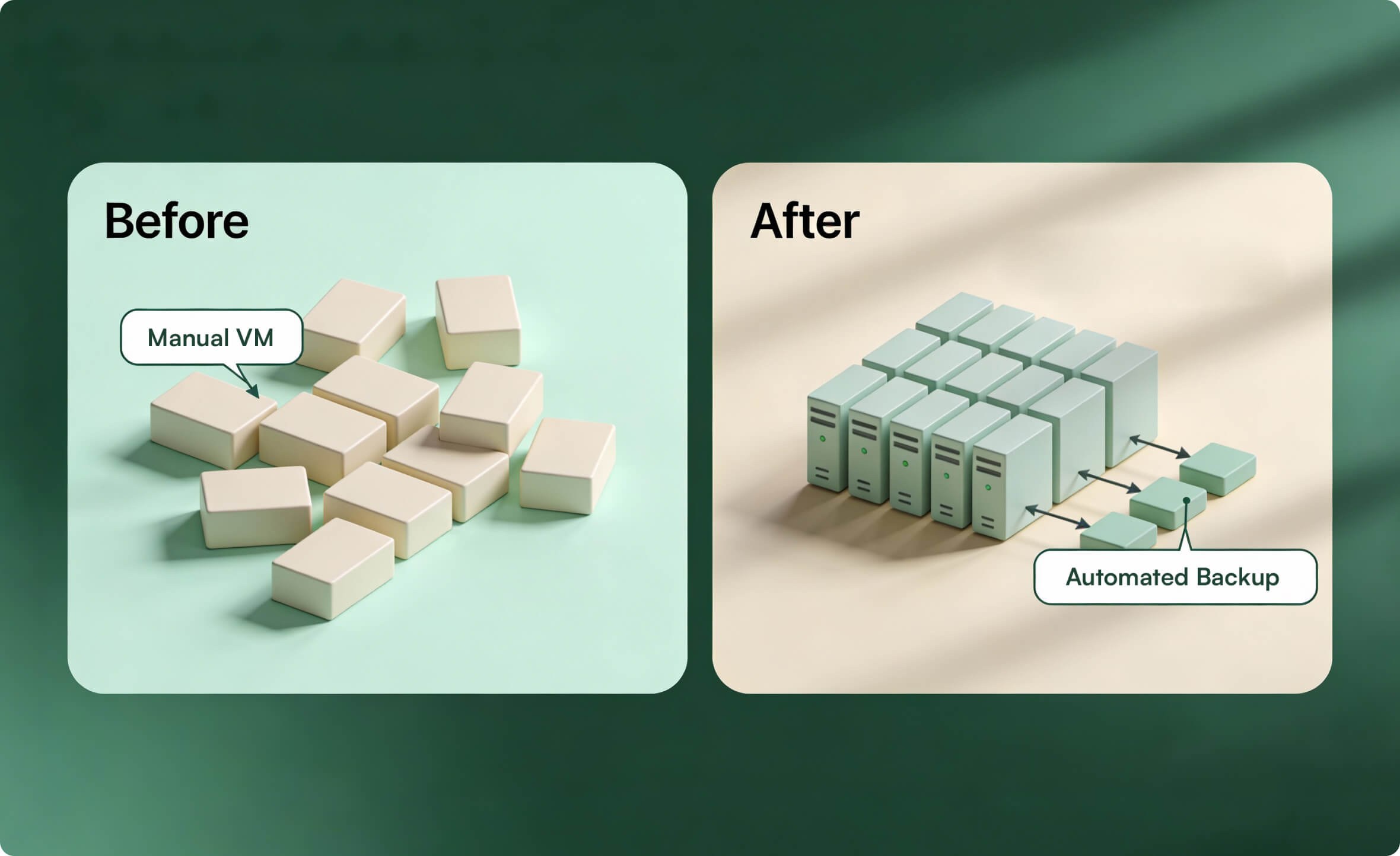 Before and after comparison of manual virtual machines versus automated cloud backups.