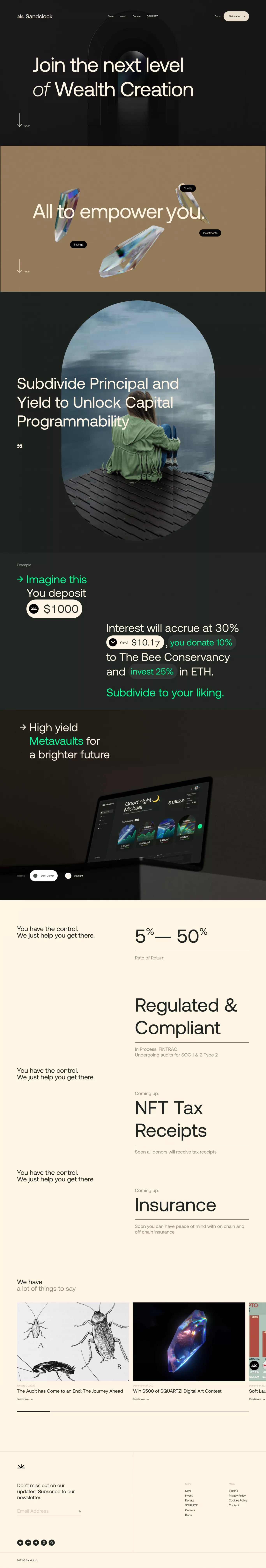 Sandclock is where crypto empowers you landing page screenshot showcasing Tech and Finance design