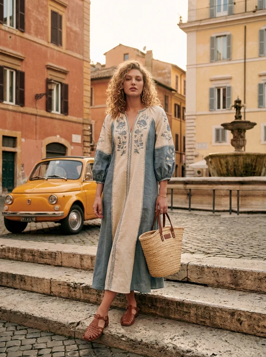 Fashion photoshoot with a woman posing in a dress