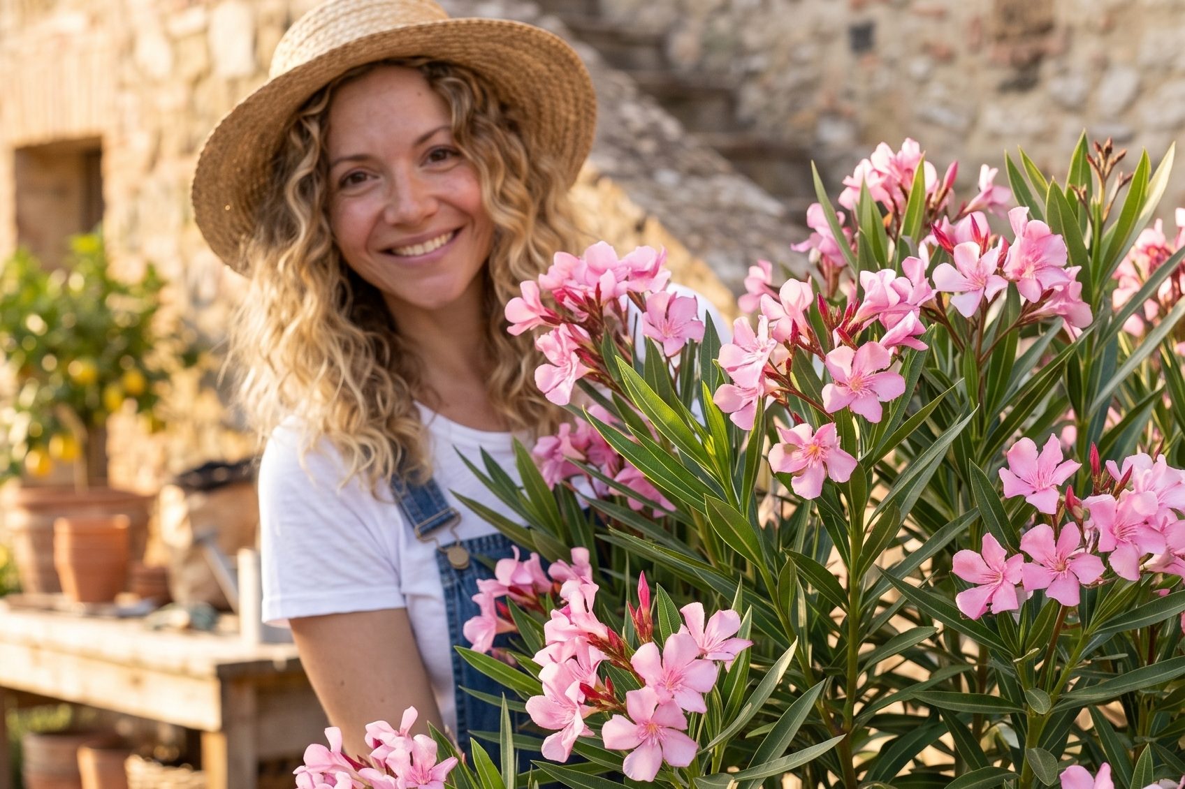 Martina sorride accanto a un oleandro rosa in fiore nel cortile di pietra