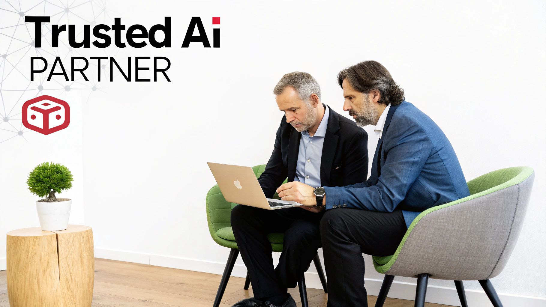 Two business professionals discussing data on a laptop, with 'Trusted AI Partner' branding visible.