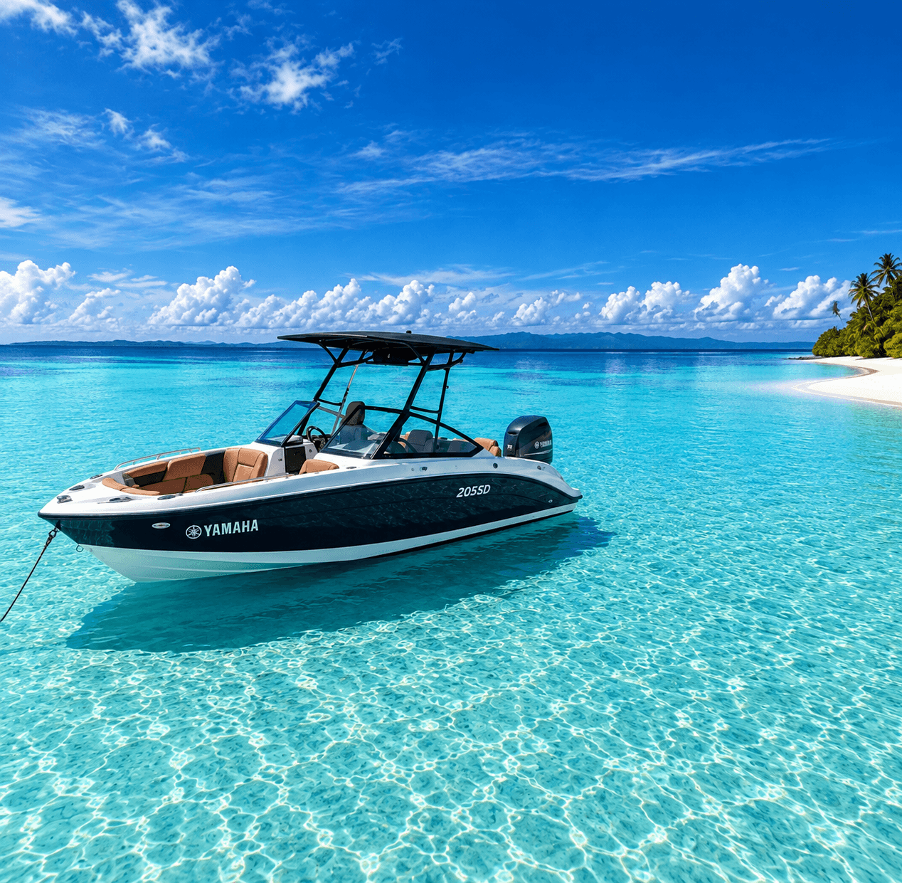 Private white boat in clear tropical water