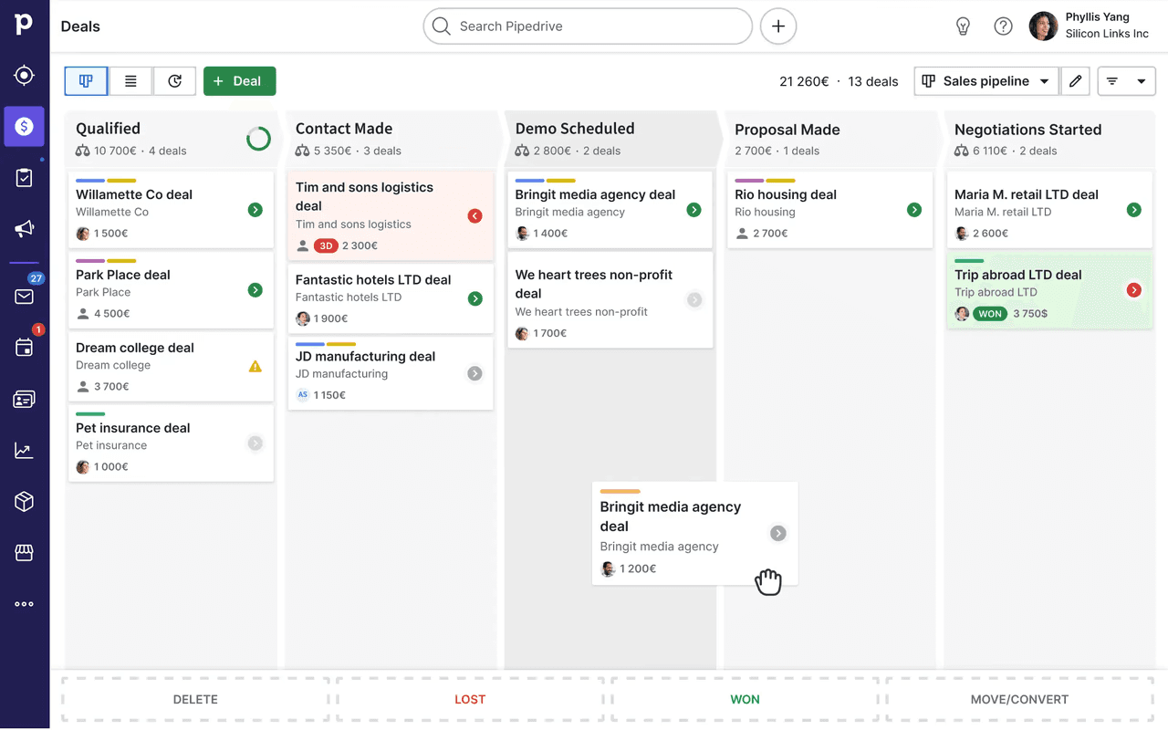 The product interface of Pipedrive