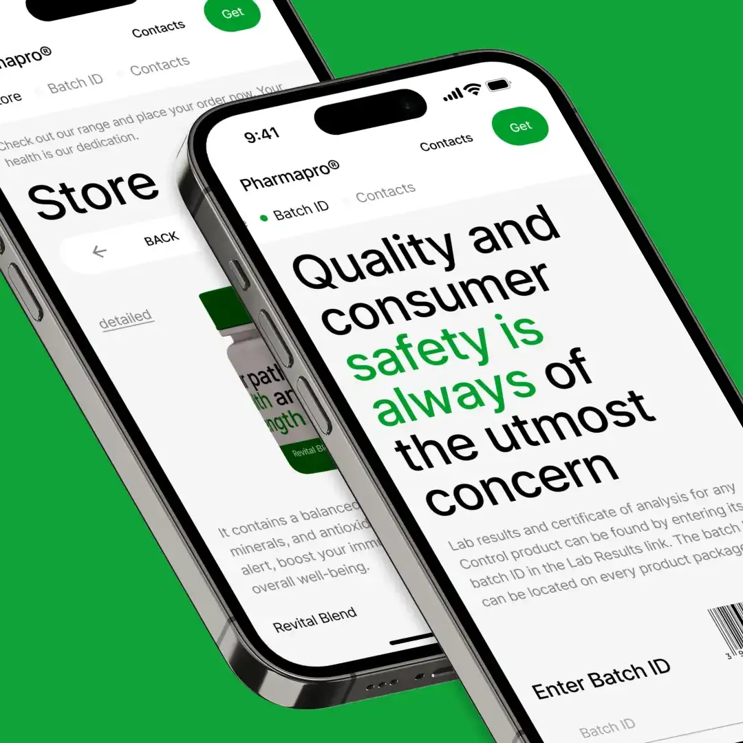 Pharmapro mobile app UI screens with healthcare interface and green design
