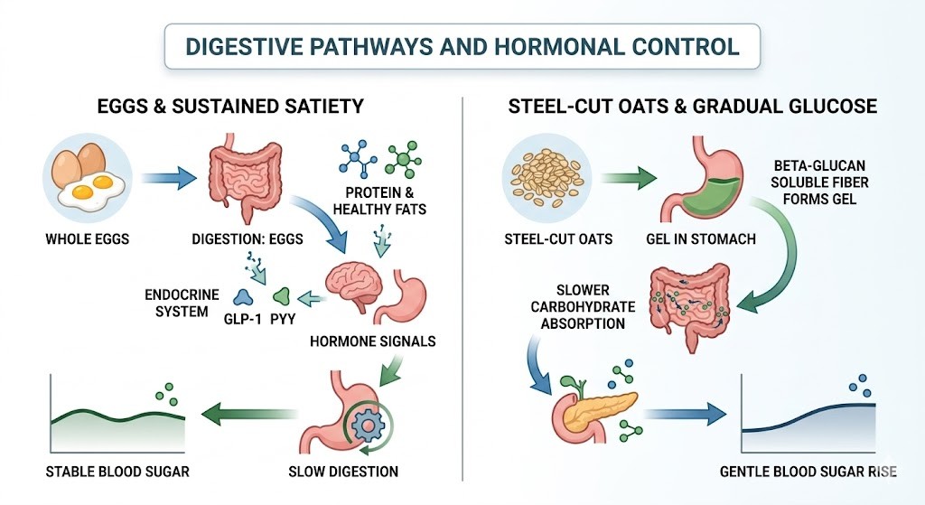 A medical infographic illustrating the digestion of eggs to release protein, fats, GLP-1, and PYY hormones to slow digestion and stabilize blood sugar, versus steel-cut oats, which form a gel, slowing carbohydrate absorption and leading to a gentle blood sugar rise.