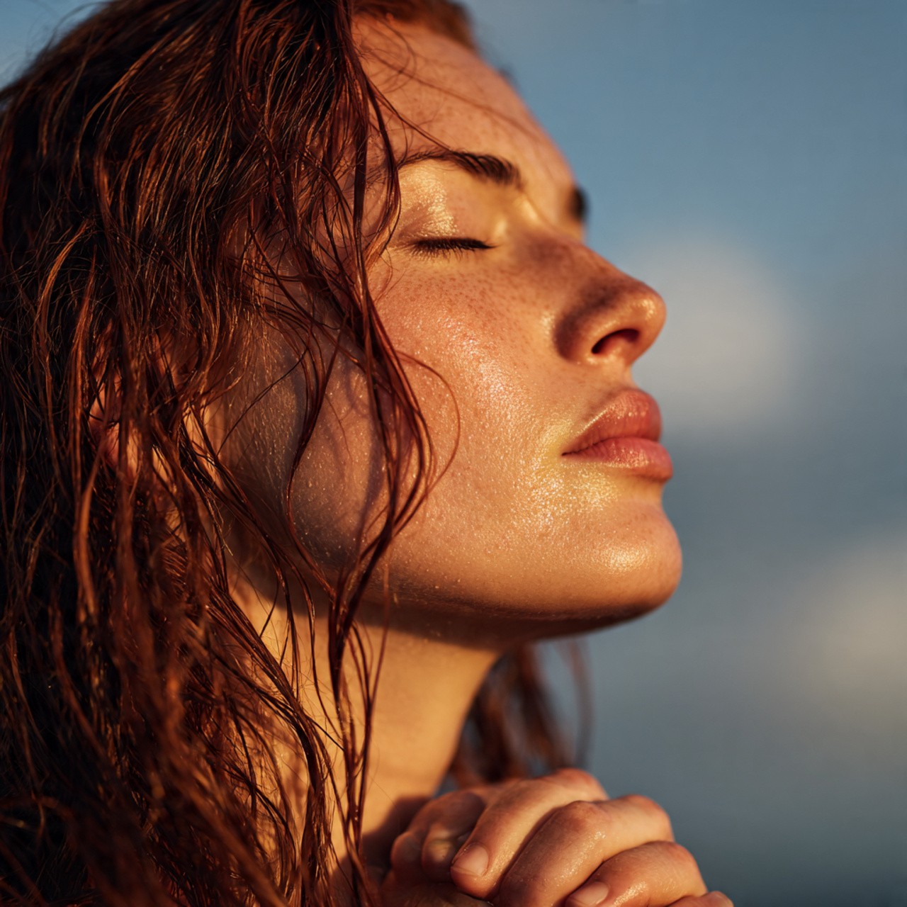 Close-up of freckled woman praying with eyes closed at sunset.