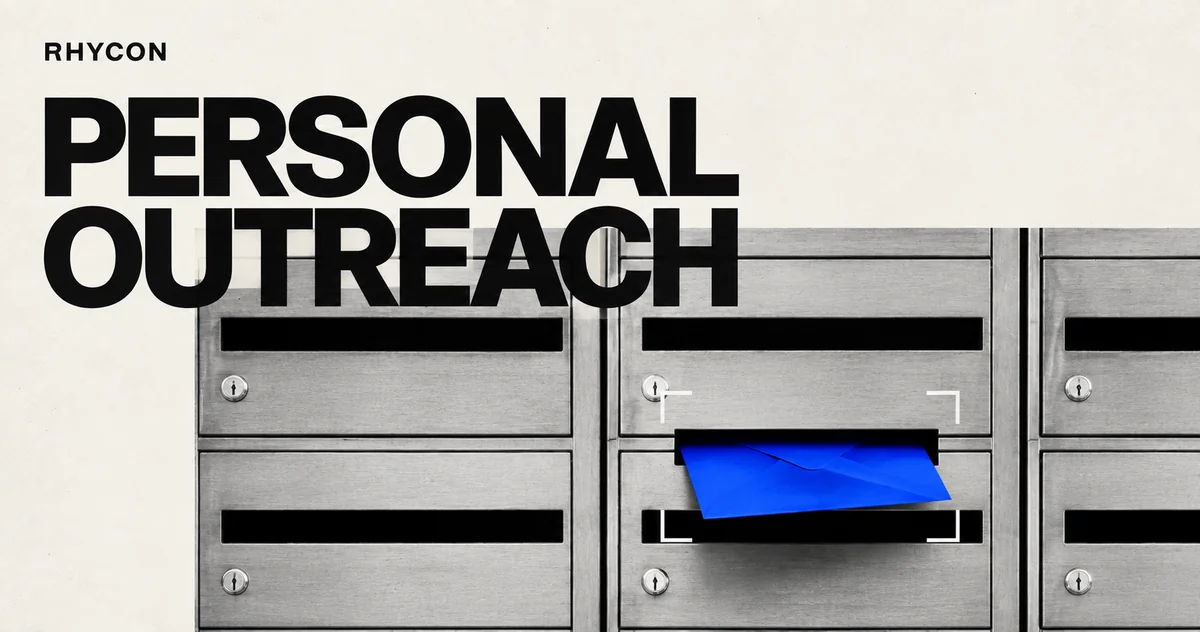 Personal outreach: a blue envelope stands out in a bank of metal mailboxes.