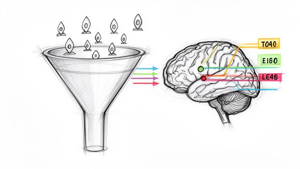 Hand-drawn illustration of data filtering through a funnel to different brain areas.