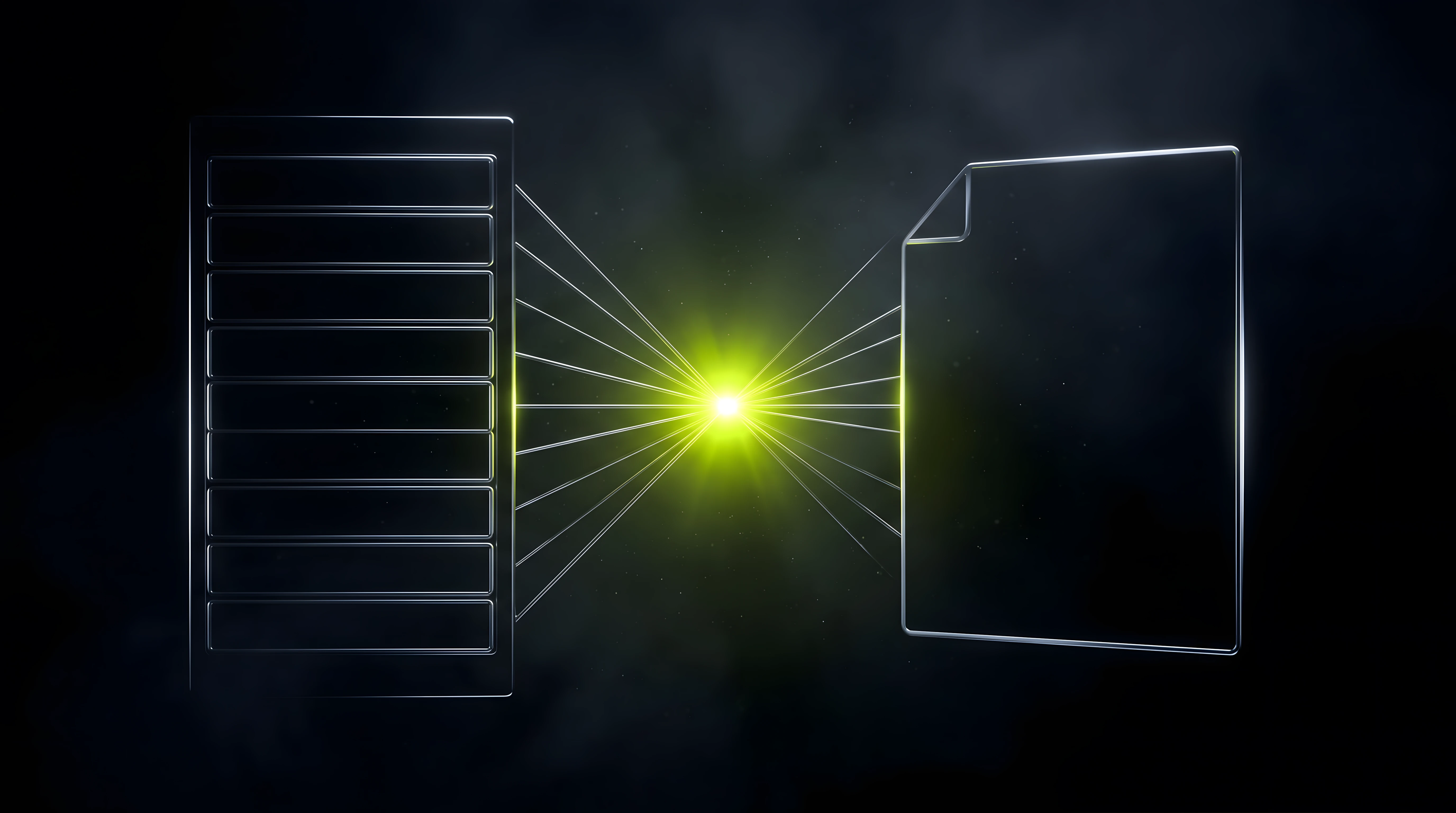Abstract liquid chrome geometric handshake between a music producer's studio rack silhouette and a sonic branding agency's brief document, deep void background with toxic lime accent on the contact point.