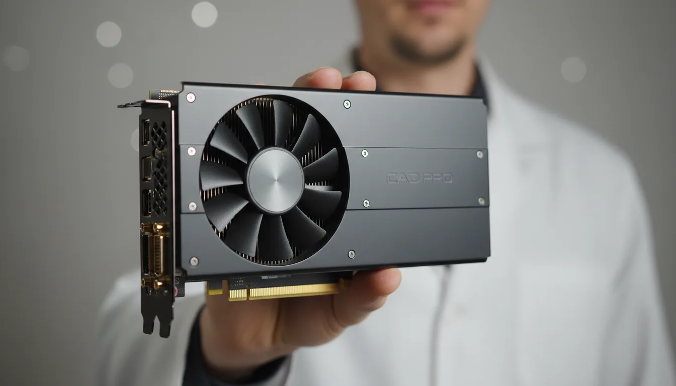 DSLR photograph, close-up shot of a hand holding a sleek, professional workstation graphics card for AutoCAD. The GPU has a dark gray matte finish, a minimalist design with a single blower-style fan, and gold PCIe connectors. Soft studio lighting highlights the metallic and plastic textures. The graphics card is in razor-sharp focus, creating a shallow depth of field with the person and the neutral background softly blurred with beautiful bokeh.