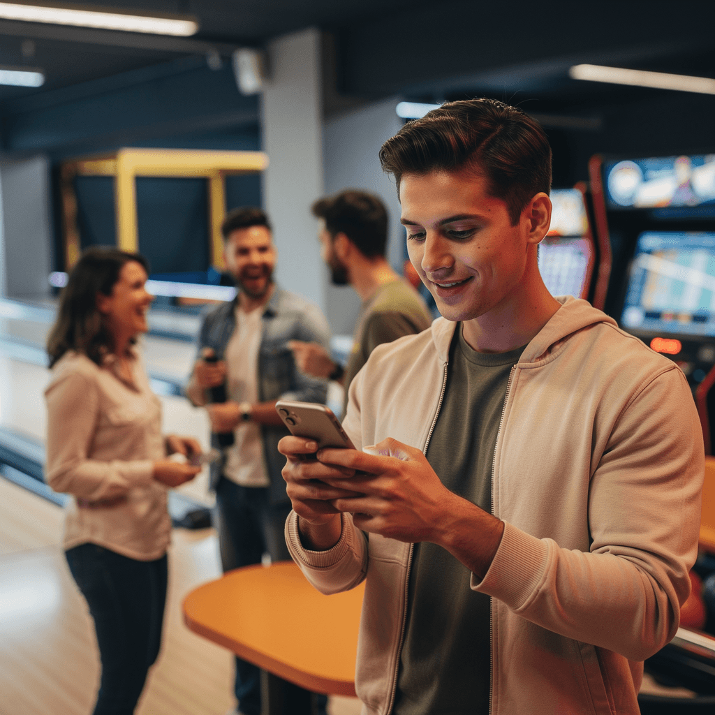 A young person with curly hair smiles at the camera while sitting in front of a laptop against a dark background.