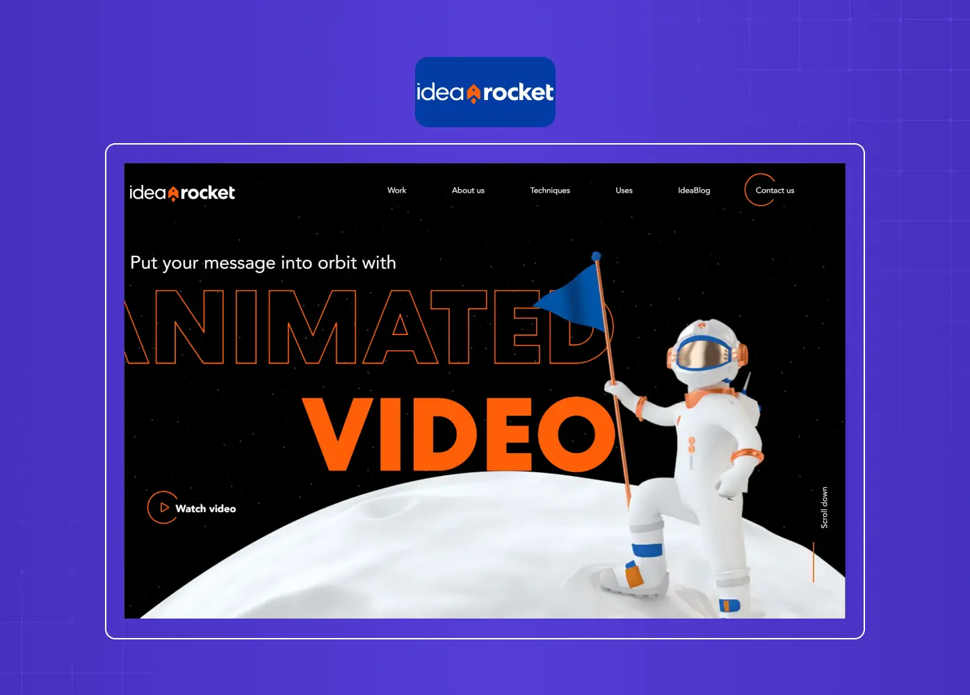 Creative agency homepage featuring an animated video service offering with playful illustrations and bold typography.