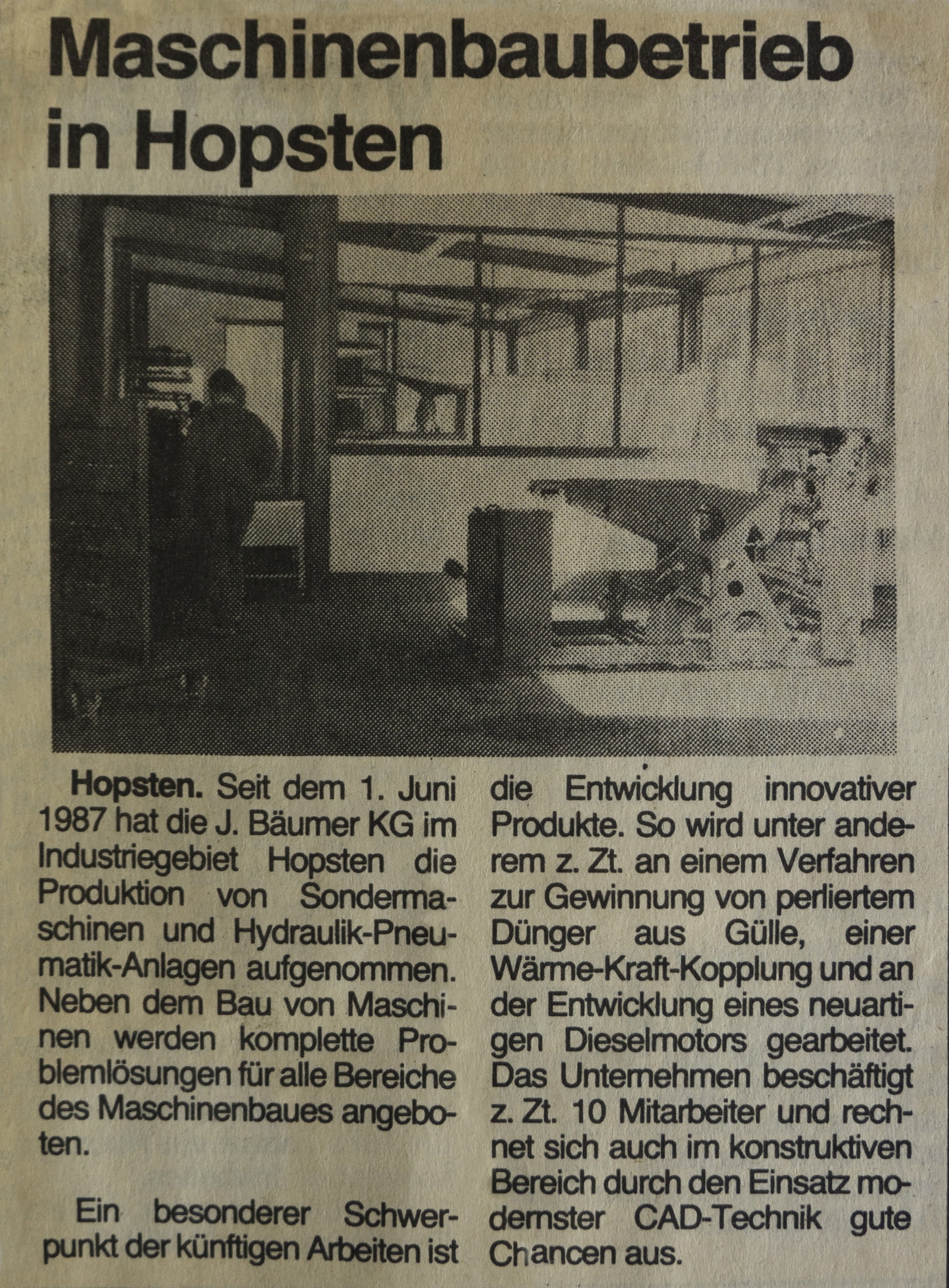 Maschinenbaubetrieb Hopsten - Zeitungsartikel über J. Bäumer KG, Maschinenbau