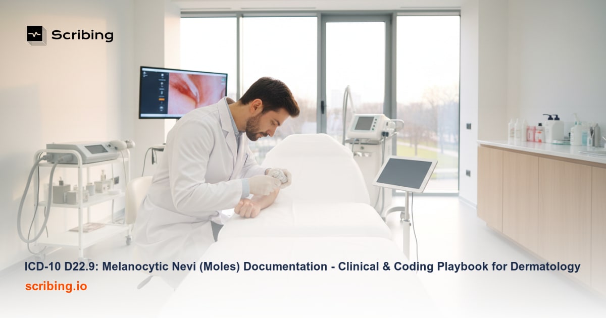 Dermatologist using a dermatoscope to examine a melanocytic nevus (mole) on a patient's skin, illustrating clinical documentation practices for ICD-10 D22.9 coding
