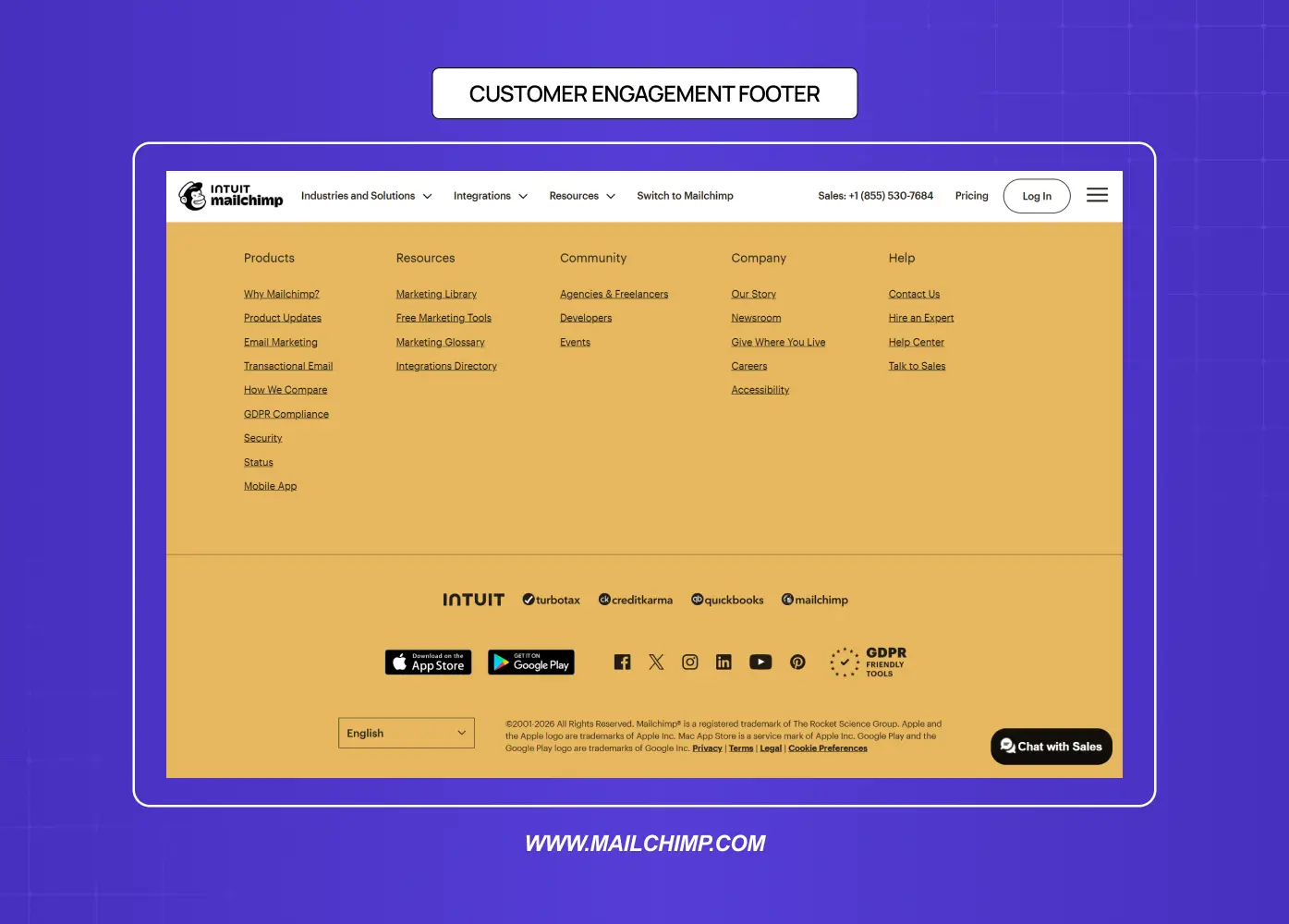 Footer emphasizing support, community resources, downloads, and customer engagement tools.