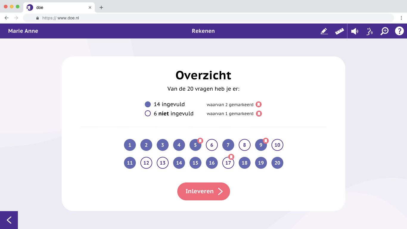 Het overzichtsscherm van de toets, waar leerlingen kunnen zien welke opgaven zijn ingevild, welke niet en welke opgaven zijn gemarkeerd. 