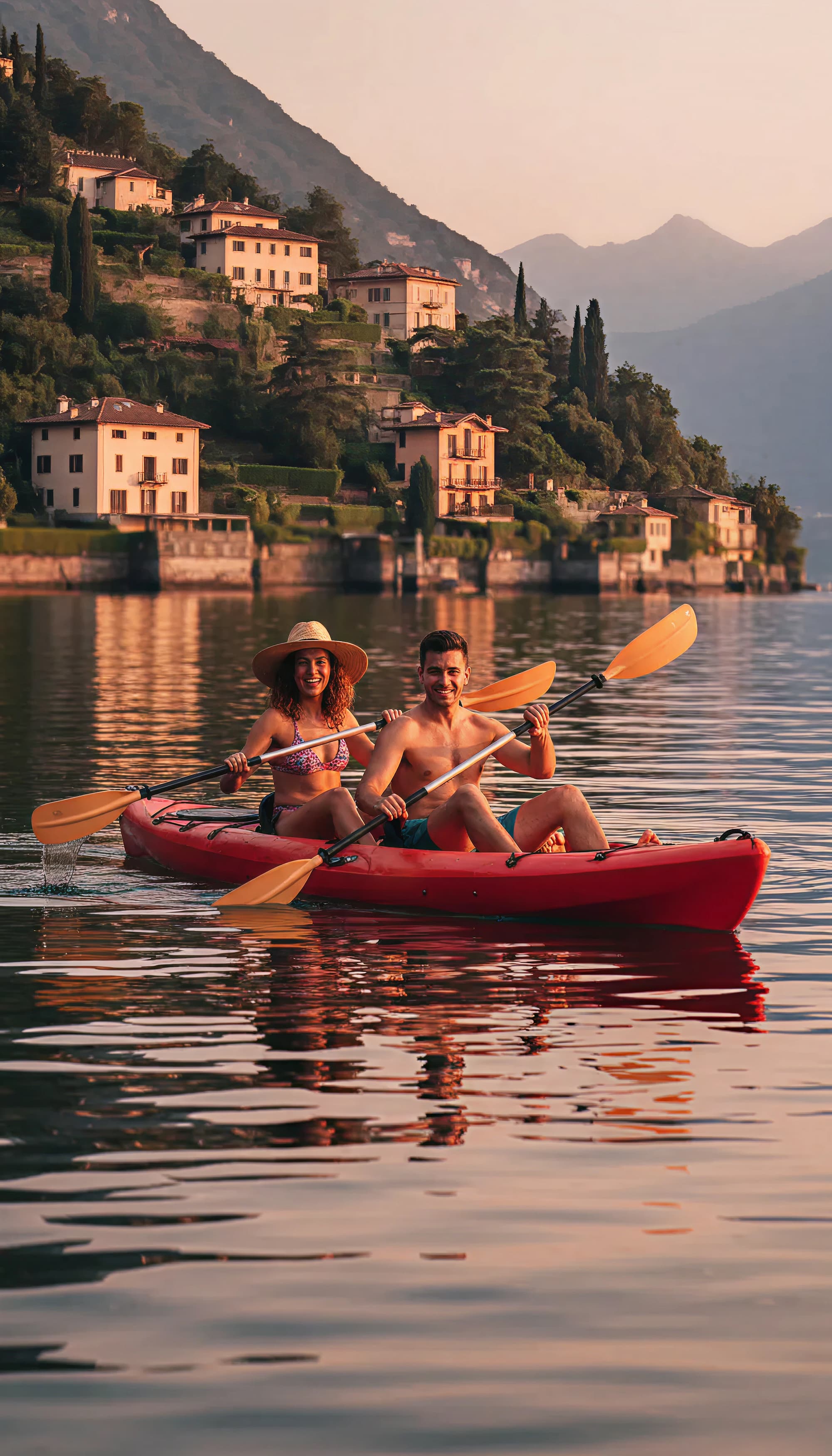 una coppia noleggia un kayak doppio sul lago di como
