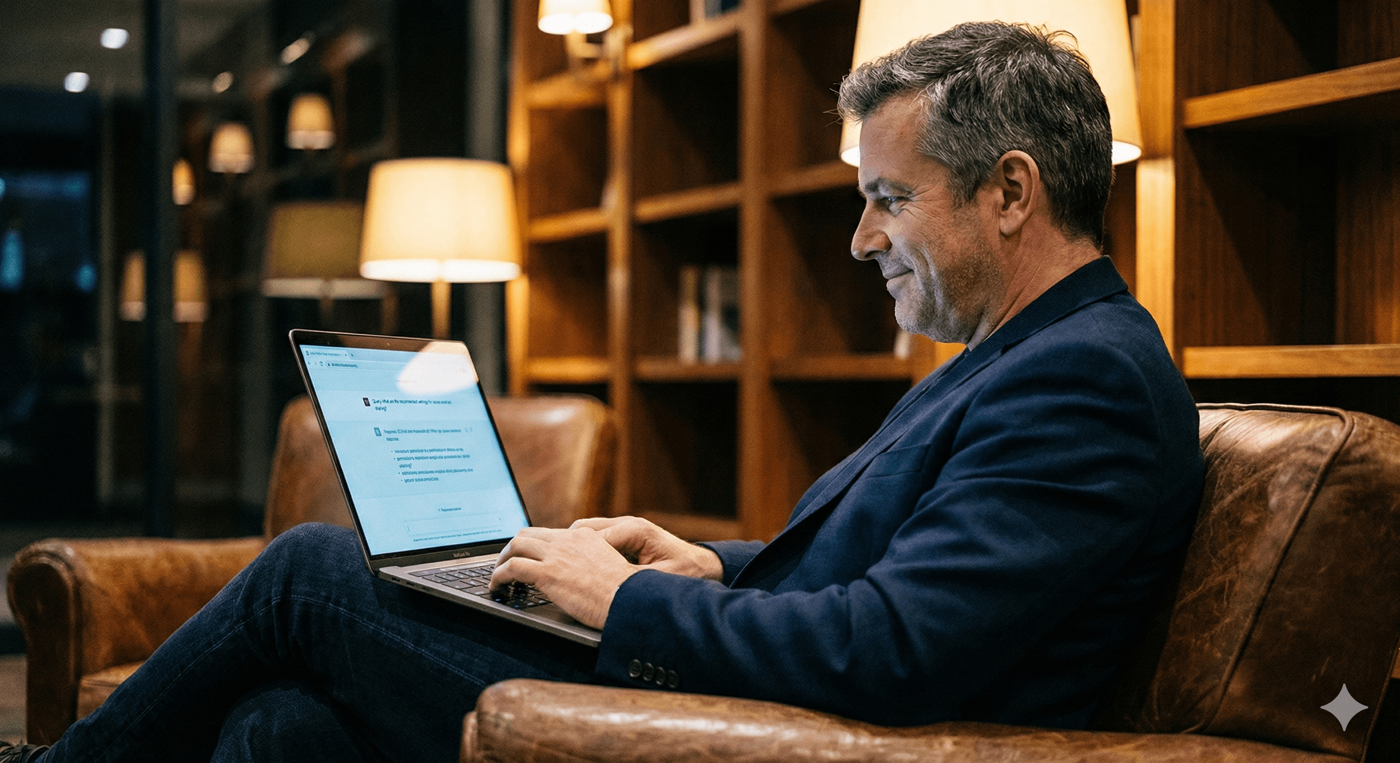 A person sits comfortably on a leather armchair in a warmly lit library, typing on a laptop displaying a chat interface, symbolizing enhanced AI interaction and control through platforms like Glean Insights Chat & Admin Chat: Smarter AI Control.