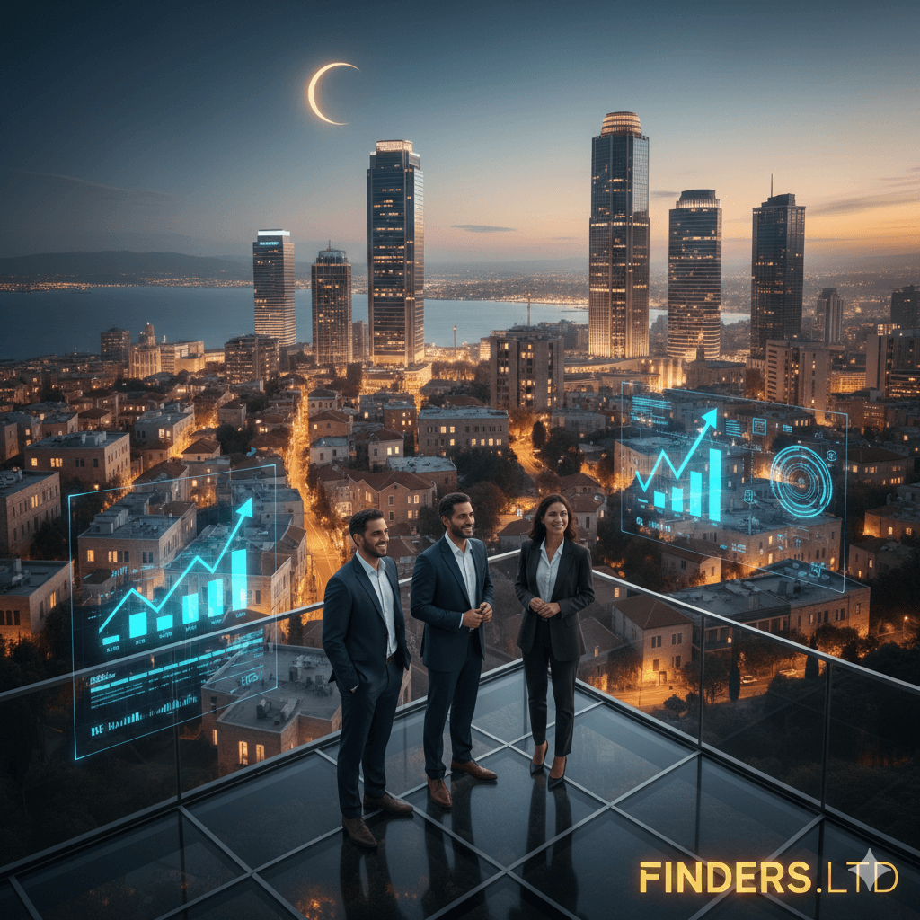 צוות מומחי נדל"ן מחברת Finders.LTD על רקע נוף פנורמי של חיפה בלילה, מנתחים נתוני תשואה והשקעות נדל"ן על גבי מסכים דיגיטליים מתקדמים.