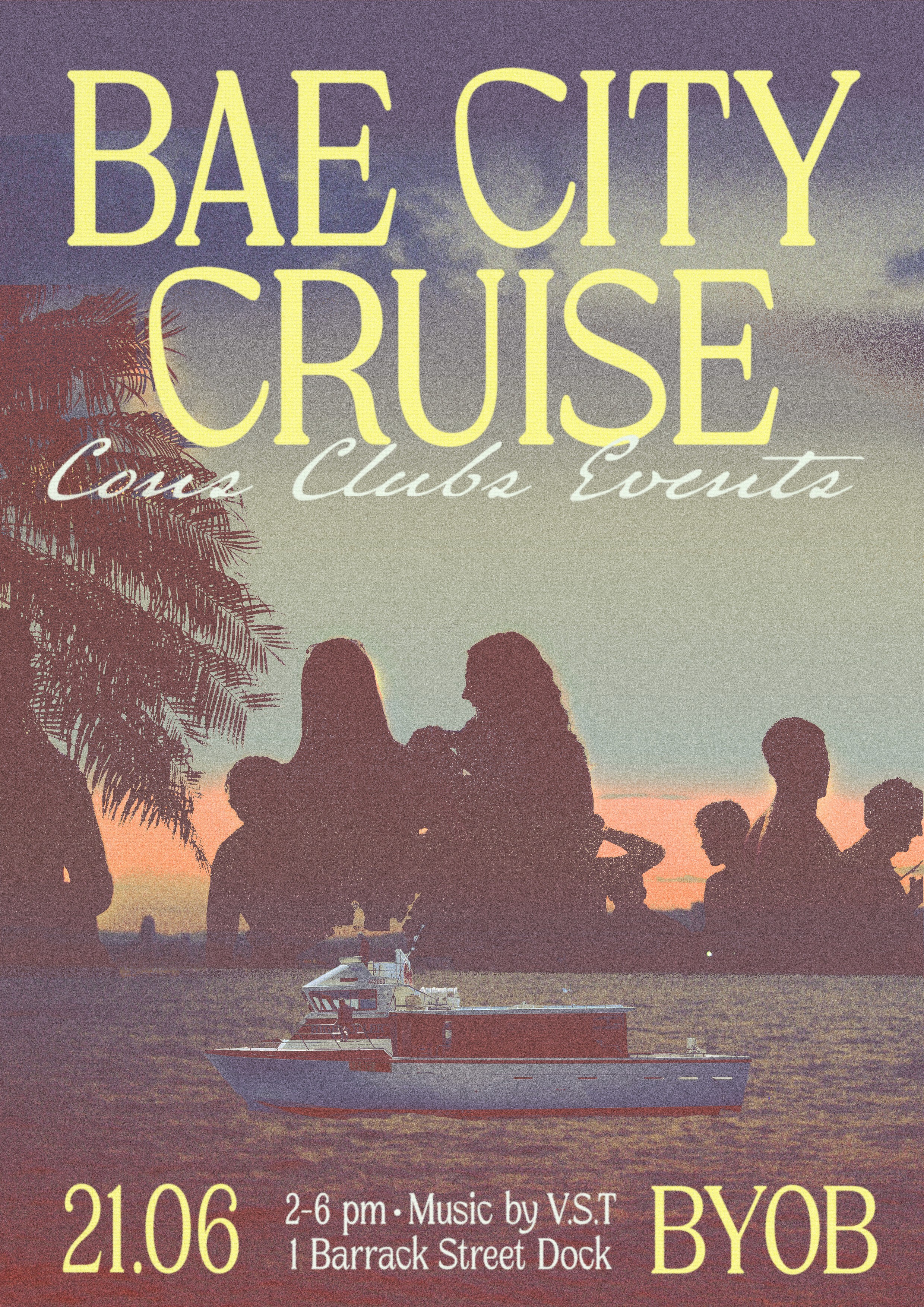Bae City Cruise — retro event poster for boat party, 21 June, Cove Clubs Events, graphic design