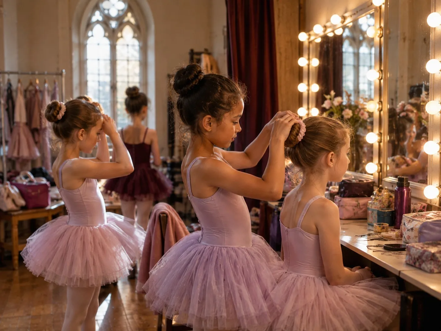 Girls in tutus helping each other with hair buns in front of a lit mirror