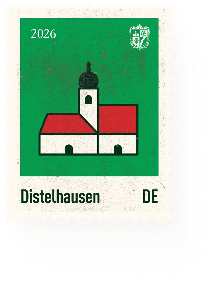 Briefmarkenmotiv Distelhausen 2026 mit Kirche und Häusern