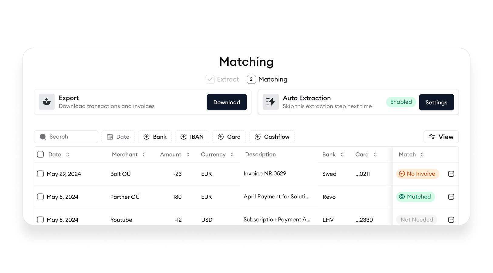 "Button labeled 'Enable Auto Extraction' to automatically retrieve and process invoices.