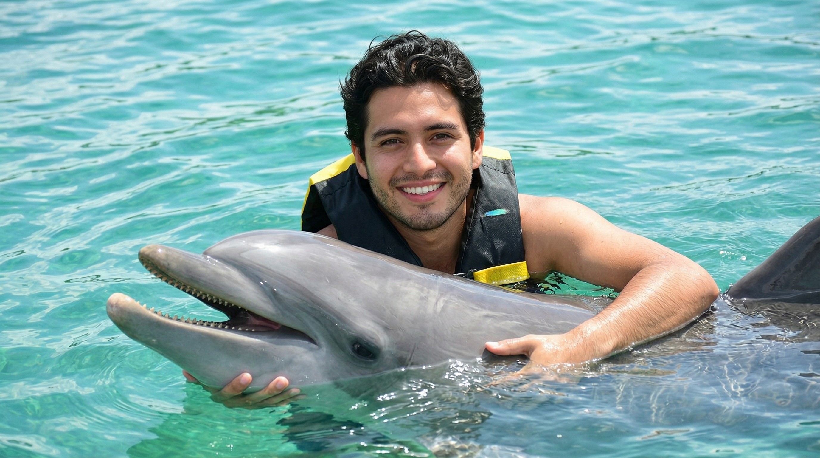 Smiling man in life vest holding a dolphin in clear blue water.
