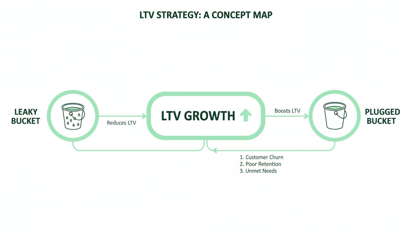 LTV strategy concept map contrasting leaky and plugged buckets' impact on customer lifetime value growth.