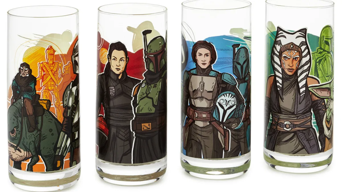 Hallmark Star Wars glasses with designs of The Mandalorian, Boba Fett and Fennec Shand, Bo-Katan, and Ahsoka