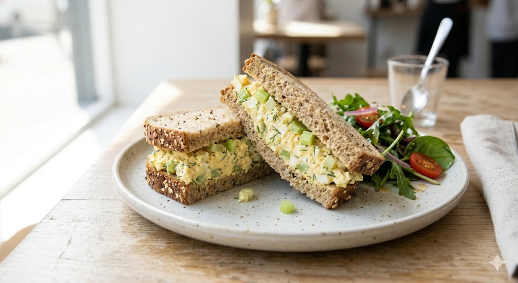 A whole grain egg salad sandwich on seeded bread, cut in half and filled with celery and herbs, served with a side salad of arugula and cherry tomatoes on a wooden cafe table.
