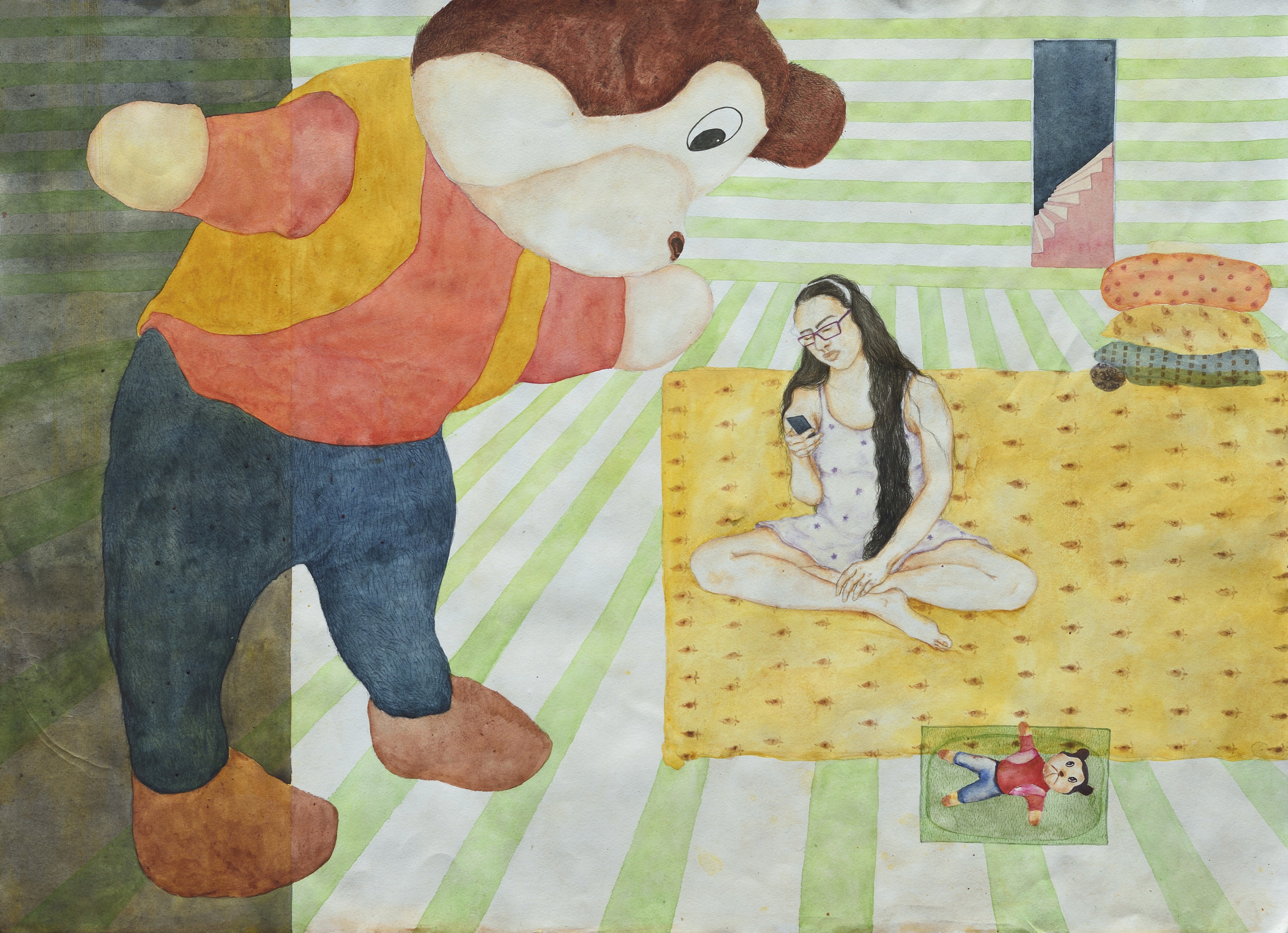 herd of sheep on road painting