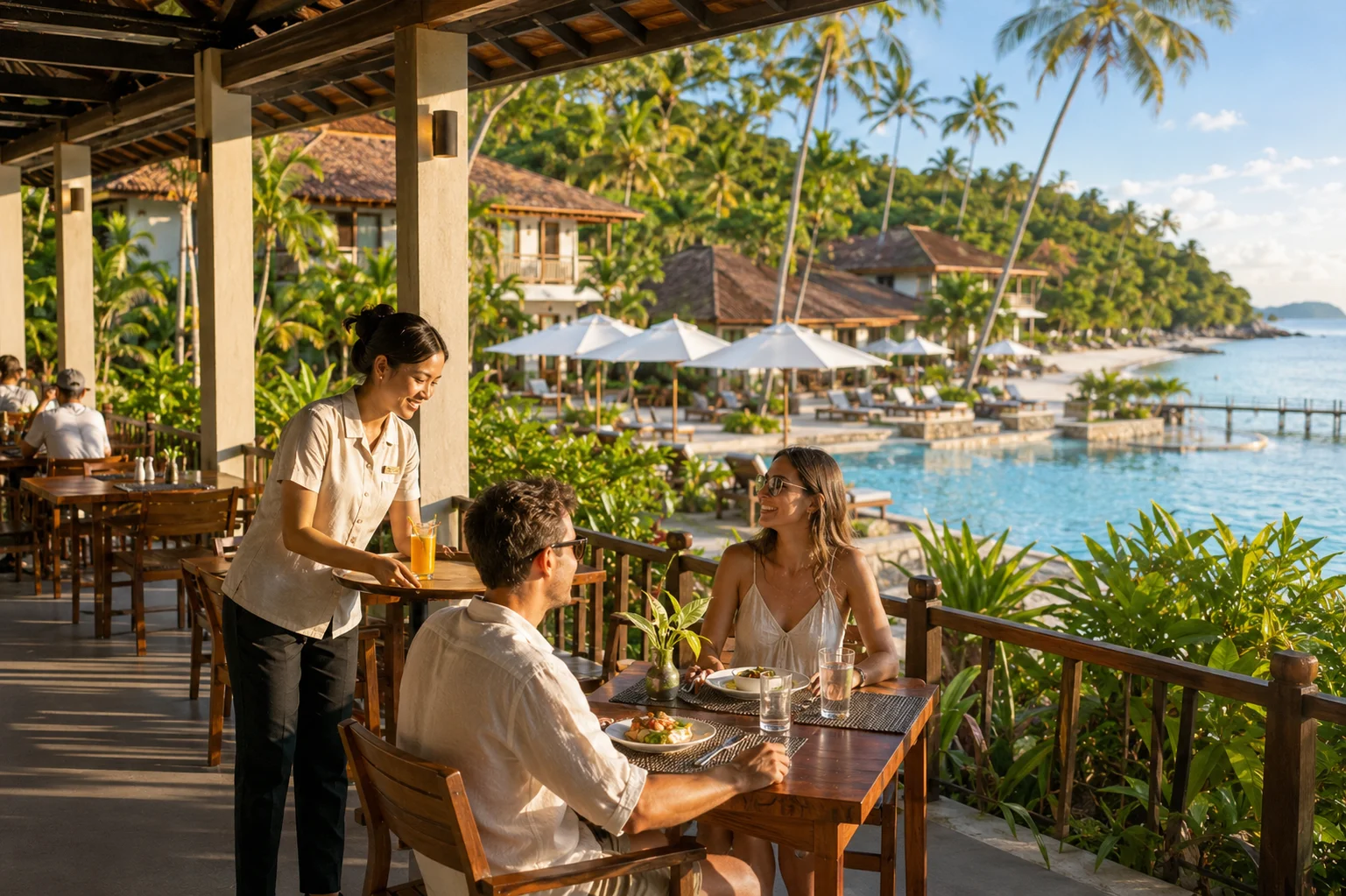 Guests dining at an open-air beachfront restaurant with friendly table service.