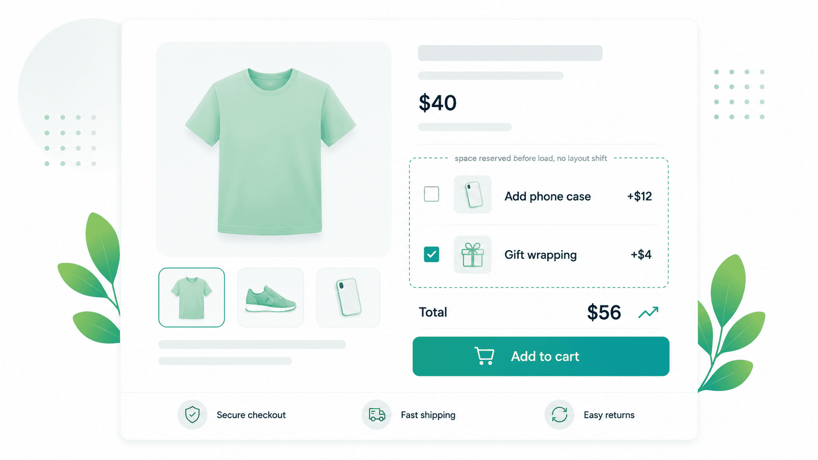 Product page showing an add-on checkbox with the order total updating below the add to cart button